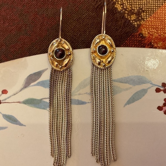 Vintage Byzantine Design Sterling Silver/Gold Plate Garnet Unique Earrings - Picture 4 of 6